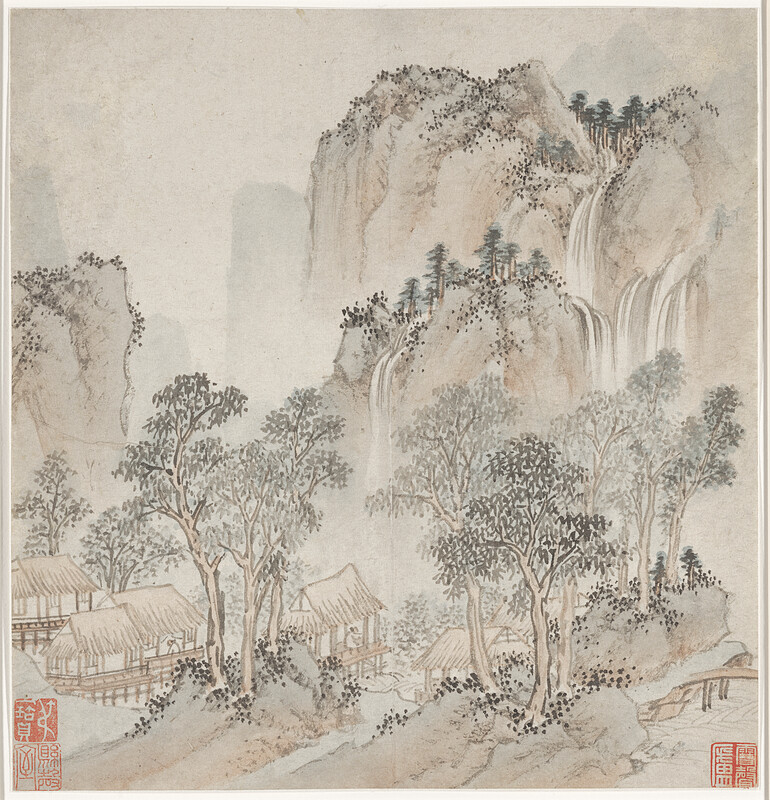 Untitled (thatched roof buildings with waterfalls in background), Qian Gu, 1555