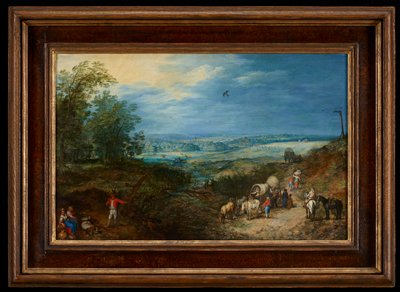 Travelers at a Busy Ford before a Panoramic Landscape, Jan Brueghel the Elder, c. 1605