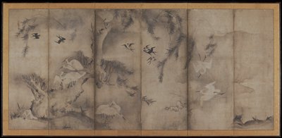 Egrets in Willow [left of the pair Egrets in Plum and Willow], Sesson Shūkei, second half 16th century