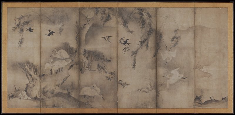 Egrets in Willow [left of the pair Egrets in Plum and Willow], Sesson Shūkei, second half 16th century