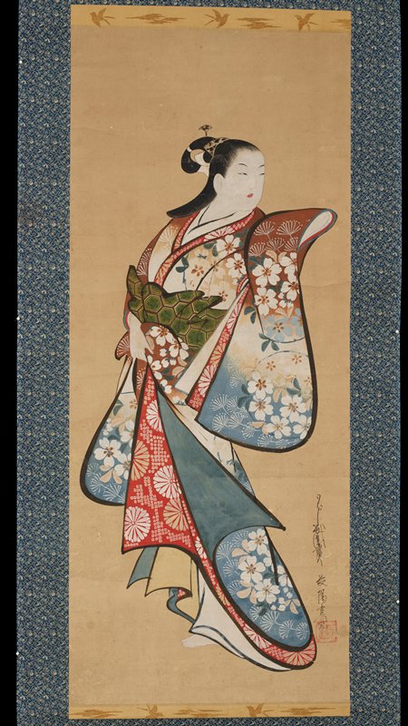 Standing courtesan wearing a kimono with plum-blossom motif