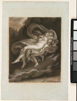 Dokumentasi “Psyche Carried Off by the Zephyrs”; Black and white chalk with stumping over graphite on faded blue wove paper, black chalk framing lines. Minneapolis Institute of Art.