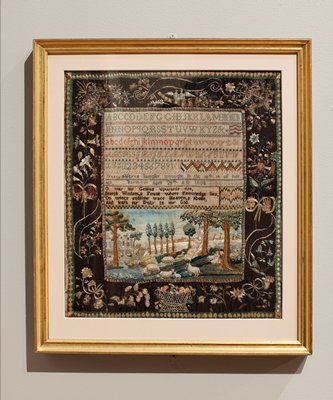 Dokumentasi “Sampler”; Silk thread, metal-wrapped thread, painted linen, and painted paper on linen plain weave, needlework. Minneapolis Institute of Art.