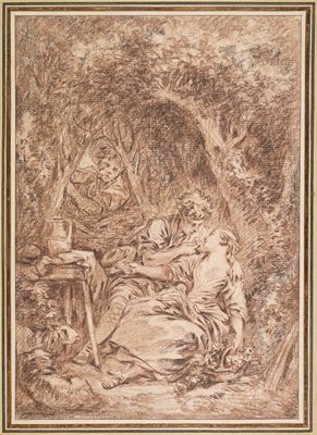 Dokumentasi “Lovers Surprised (Annette et Lubin)”; Brown and black chalk, with touches of brown wash on paper. Minneapolis Institute of Art.