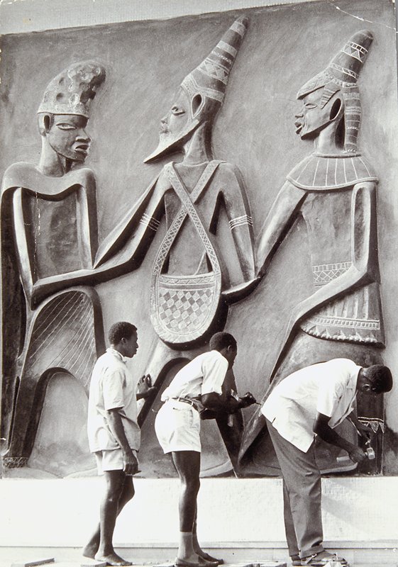 New Art of Africa: Cement sculpture bas-relief by Felix Idubor, decorates the side facade of the new 25-story Independence House, In Lagos, Nigeria, Marc Bernheim, 20th century