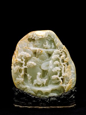 Dokumentasi “Traveling in Autumn Mountains”; Grayish white nephrite with brown markings. Minneapolis Institute of Art.