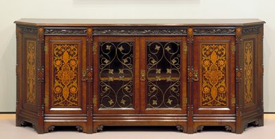 Dokumentasi “Side cabinet”; Walnut with marquetry veneers, brass, glass. Minneapolis Institute of Art.