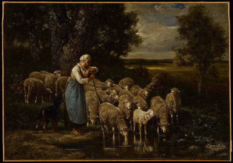 Shepherdess and Sheep, Fontainebleau, Charles-Émile Jacque, 19th century