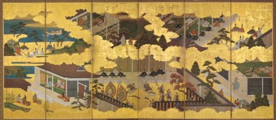 Dokumentasi “Six Scenes from the Tale of Genji”; Six-panel folding screen, ink, color, and gold on gilded paper. Minneapolis Institute of Art.