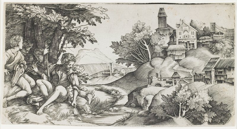 Shepherds in a Landscape, Giulio Campagnola, c. 1515–17