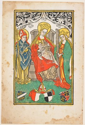 Dokumentasi “Madonna and Child between Saints Afra and Ulrich”; Hand-colored woodcut. Minneapolis Institute of Art.