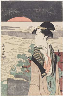 Dokumentasi “A Beauty Looking at the First Sunrise”; Woodblock print (nishiki-e), ink and color on paper with mica. Minneapolis Institute of Art.