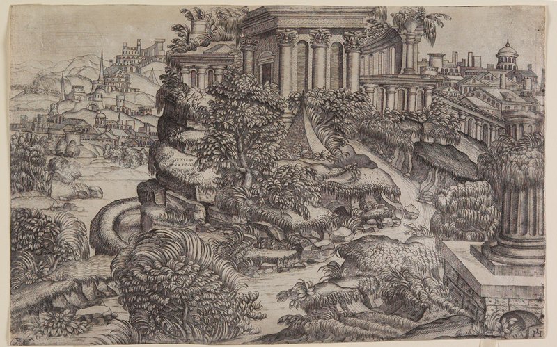 Fantasy Landscape with Antique Buildings and Ruins, Monogrammist DB, c. 1550