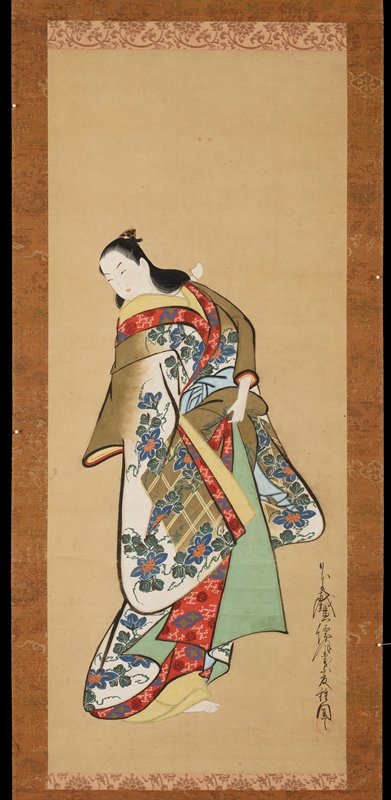 Standing courtesan wearing a kimono decorated with morning glories on a trellis, Kaigetsudō Doshu, c. 1720