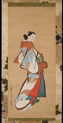 Standing courtesane wearing a kimono decorated with flying geese, Kaigetsudō Dohan, 1710s