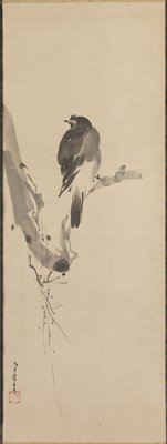 Myna on a Branch [left of a triptych of Scholar with Heron and Myna], Kusumi Morikage, mid 17th century