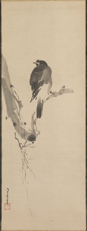 Myna on a Branch [left of a triptych of Scholar with Heron and Myna], Kusumi Morikage, mid 17th century