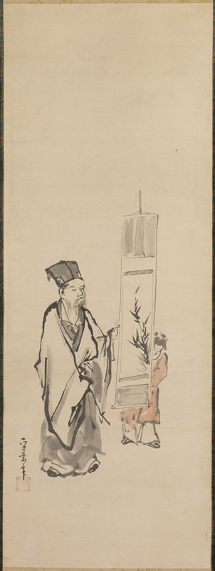 Scholar Viewing a Painting [center of a triptych of Scholar with Heron and Myna], Kusumi Morikage, mid 17th century
