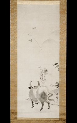 Boy Riding Water Buffalo [right of a pair], Hanabusa Itchō, late 17th–early 18th century