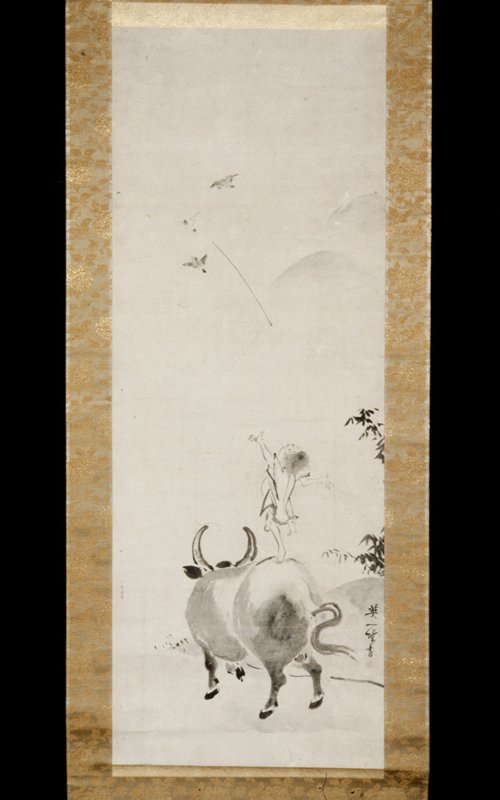 Boy Riding Water Buffalo [right of a pair], Hanabusa Itchō, late 17th–early 18th century