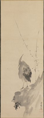 Heron on a Rock [right of a triptych of Scholar with Heron and Myna], Kusumi Morikage, mid 17th century
