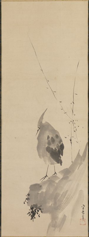 Heron on a Rock [right of a triptych of Scholar with Heron and Myna], Kusumi Morikage, mid 17th century