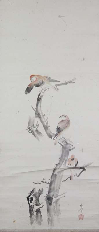 Three Crossbills on a Leafless Tree, Kawanabe Kyōsai, c. 1878