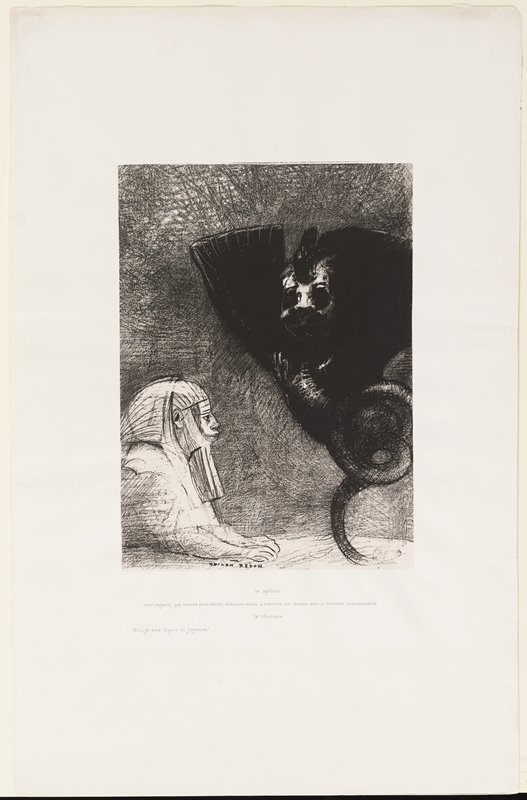 Le Sphinx, mon regard que rien ne peut dévier demeure tendu à travers les choses sur un horizon inaccessible, Plate V from La tentation de Saint Antoine, Одилон Редон, 1889