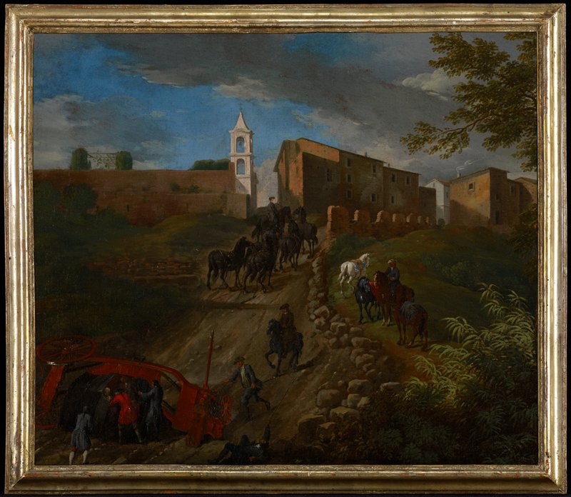 Coach and Travelers at Madonna del Riposo Near Rome, Pieter van Bloemen, 17th-18th century
