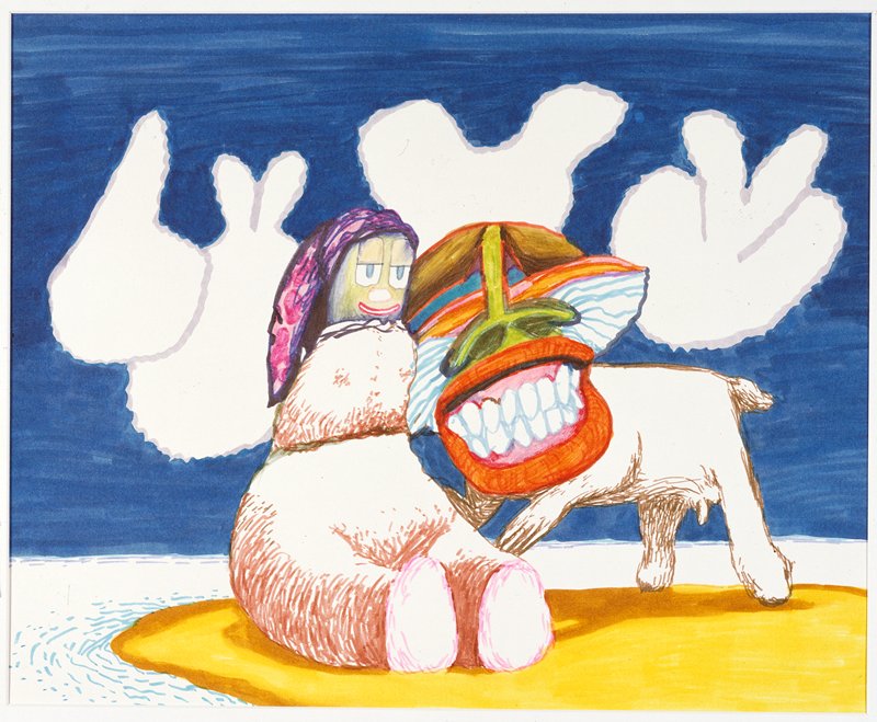 Grinning Dog with Raggedy Ann Doll, Clouds with Ears in Sky, John Randolph Carter, 1979
