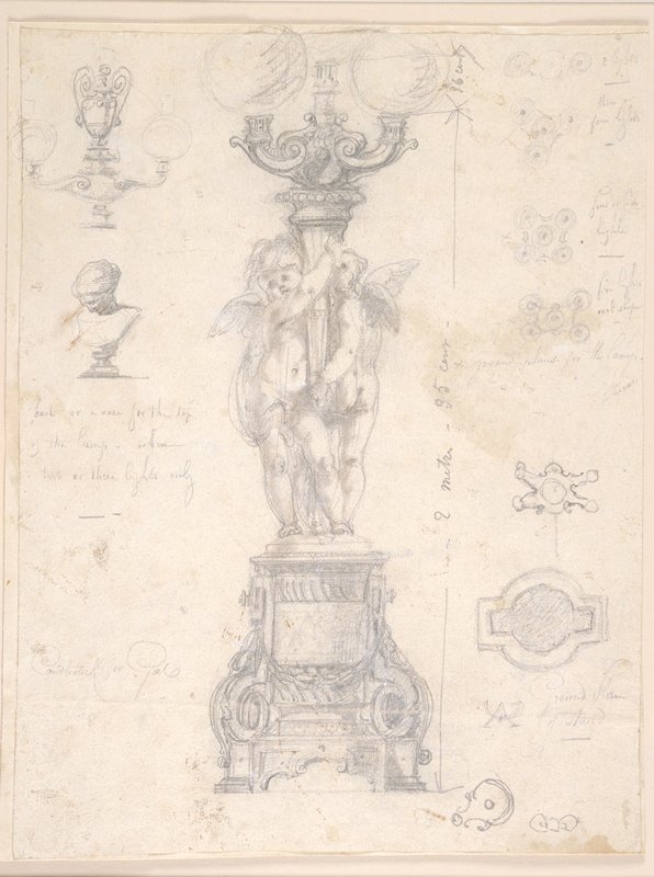 Design for a gas-light candelabrum with variants, Albert-Ernest Carrier-Belleuse, 19th century
