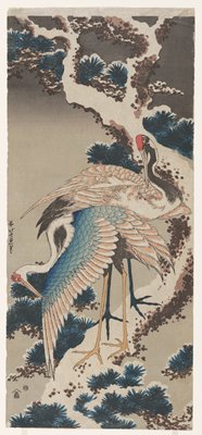 Dokumentasi “Two Cranes on a Snow-covered Pine Tree”; Woodblock print (nishiki-e), ink and color on paper. Minneapolis Institute of Art.