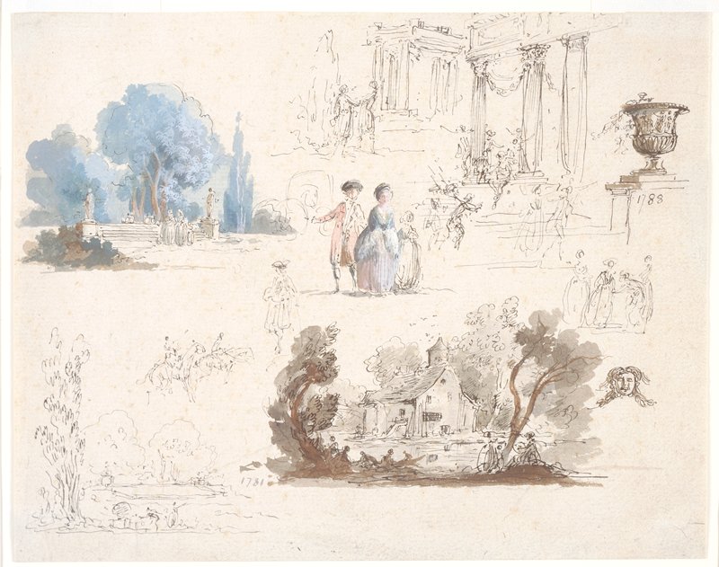 Sheet of Studies of Garden, Farm Buildings and Theater Stage Designs, Claude Jean Baptiste Hoin, 1781–88