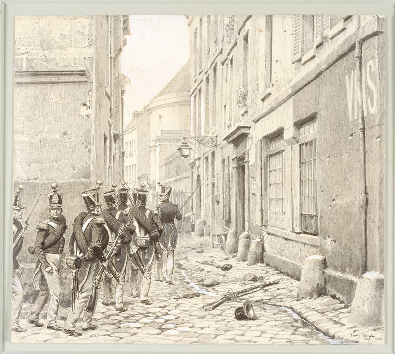 Soldiers Searching through Village Streets, Жан Батист Эдуард Детайль, 1887