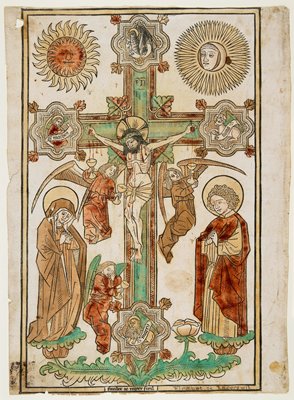 Dokumentasi “Crucifix with Three Angels and the Symbols of the Evangelists”; Hand-colored woodcut with red, green, yellow, and light and dark brown. Minneapolis Institute of Art.