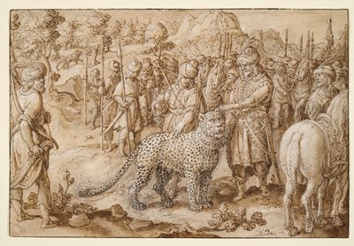 Dokumentasi “King Arsaces Dedicating a Panther to Dionysus”; Pen and brown ink, brush and wash, heightened with white, framing lines in brown ink, incised for transfer. Minneapolis Institute of Art.