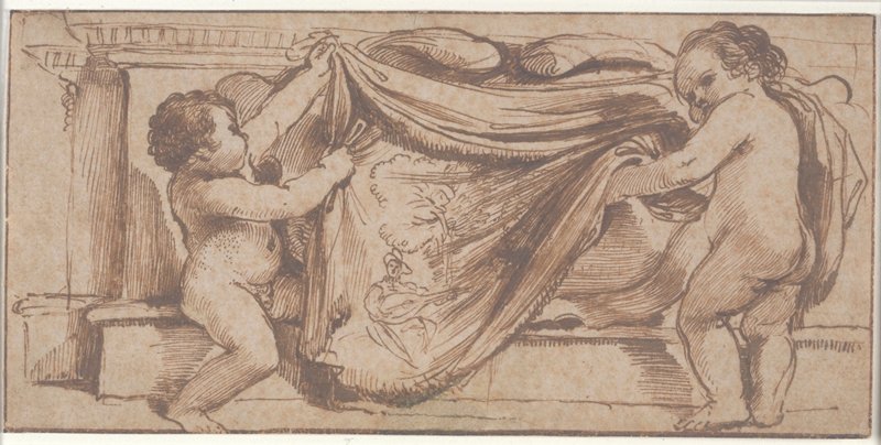 Two Putti Covering a Cartouche on a Pediment with a Tapestry Representing a Lute Player in a Landscape, Guercino, c. 1621