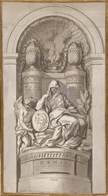 Dokumentasi “Study for a Funerary Monument”; Black chalk, pen and brown ink, brown and gray washes, white heightening on two joined sheets. Minneapolis Institute of Art.