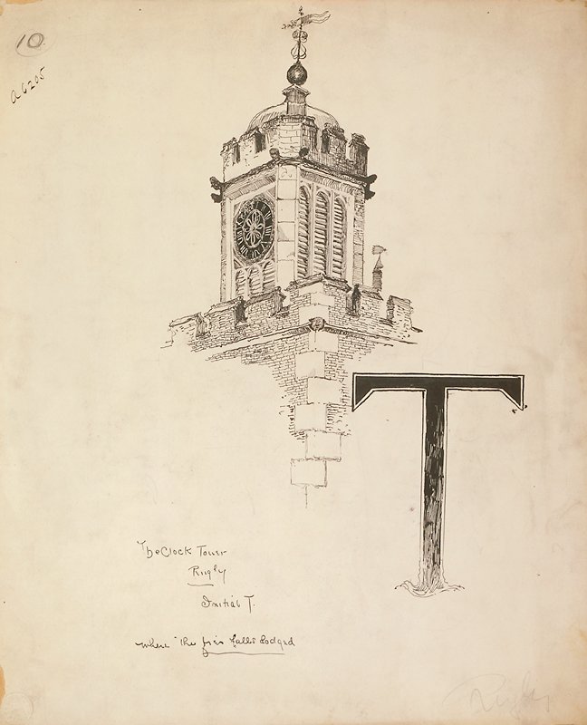The Clock Tower Rugby, Initial T., Joseph Pennell, c. 1883
