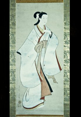 Standing courtesan wearing a kimono decorated with chrysanthemums and calligraphy, Hasegawa Eishun, c. 1725