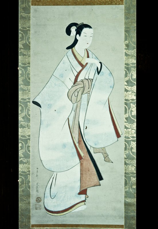 Standing courtesan wearing a kimono decorated with chrysanthemums and calligraphy, Hasegawa Eishun, c. 1725
