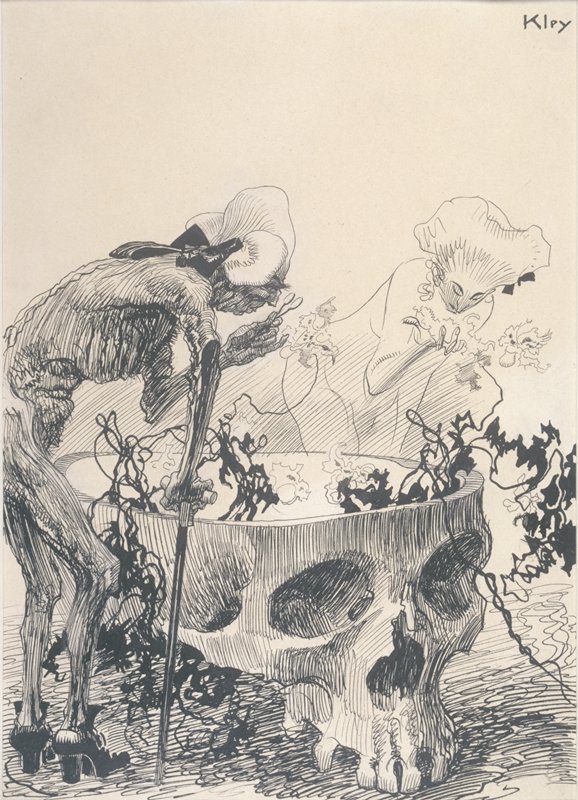 A Man and a Woman Examining Orchids which Grow from a Skull, Heinrich Kley, c. 1920