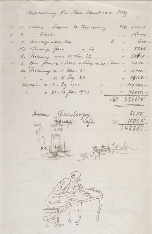 Caricature of Seated Man Writing at a Table; Sketch of a Canal; Sketch of Four Viking Ships, Heinrich Kley, 1923