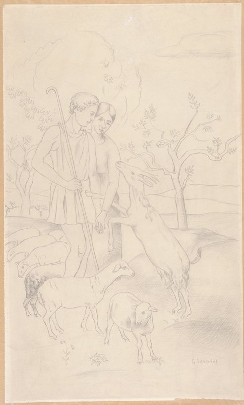 Shepherd with Girl in Landscape by Gino Severini