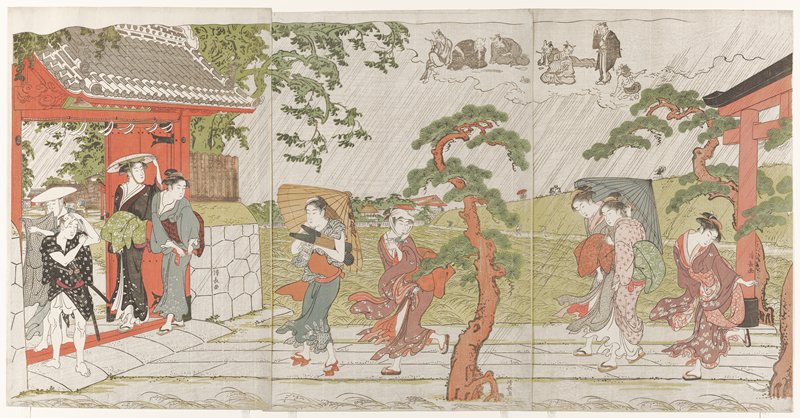 Sudden Shower at the Mimeguri Shrine, Torii Kiyonaga, c. 1787
