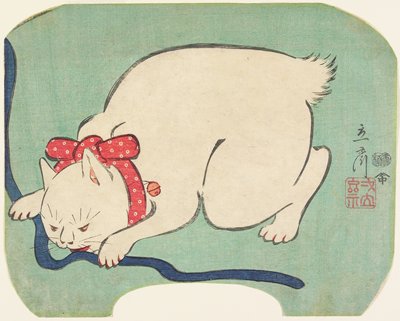 Dokumentasi “A White Cat Playing with a String”; Woodblock print (nishiki-e), ink and color on paper. Minneapolis Institute of Art.