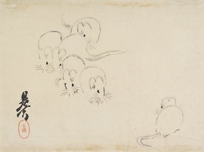 Dokumentasi “White Mice”; Woodblock print (surimono), ink on paper. Minneapolis Institute of Art.