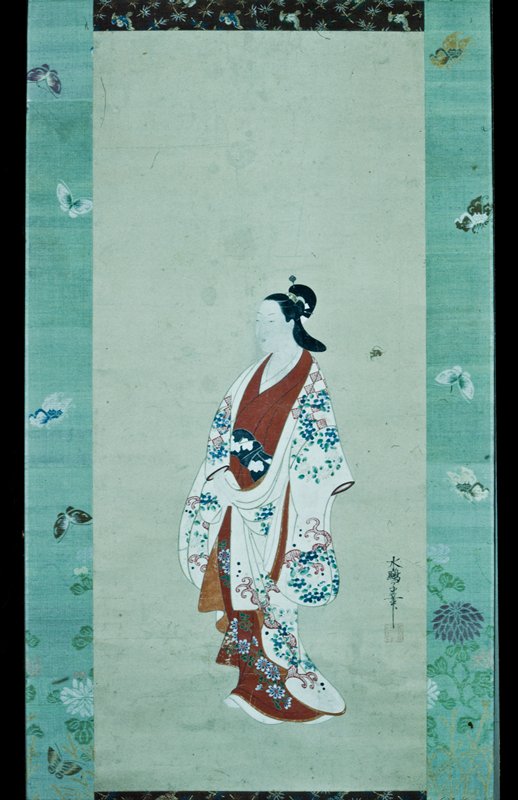 Standing courtesan wearing a kimono with wave and flower pattern, Tamura Suiō, c. 1715