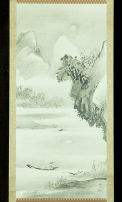 Chinese-style Landscape with Man Fishing from a Boat by Moonlight [right of a triptych], Kawanabe Kyōsai, 1884