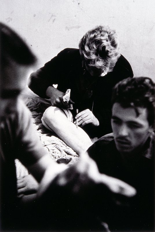Untitled (3 figures, 1 with needle in calf), Larry Clark, 1963